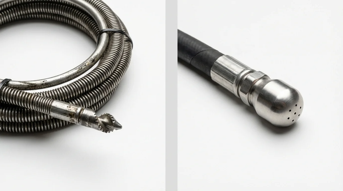 Drain snake cable and hydro jetting nozzle used for drain cleaning in Newton, MA