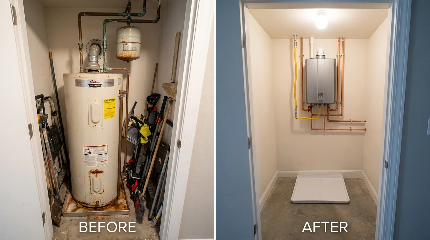 Tank water heater versus wall-mounted tankless unit comparison for Newton, MA homeowners