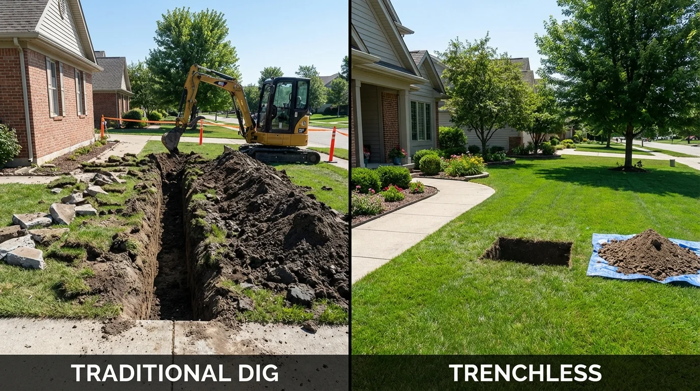 Trenchless sewer repair with minimal yard damage versus traditional excavation in Newton, MA
