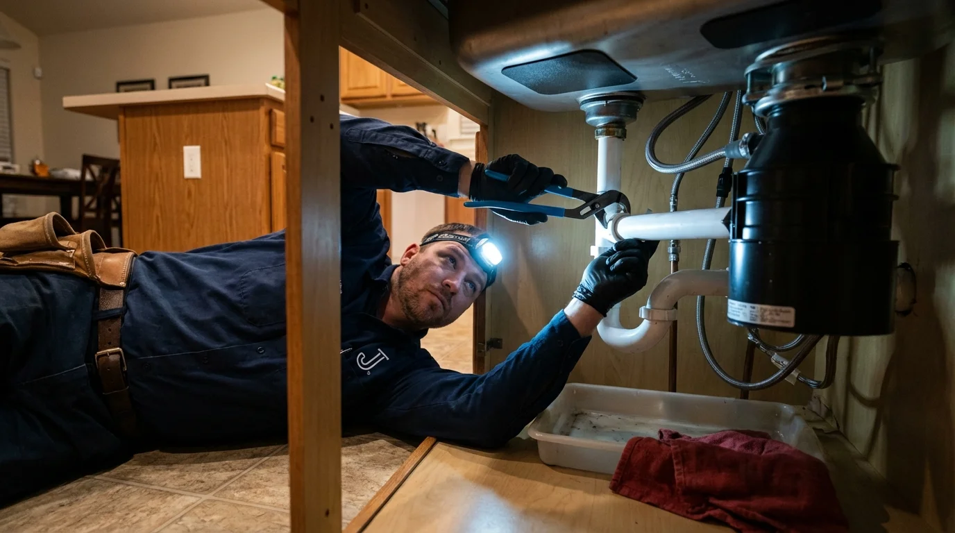 P-trap and supply line connections under a kitchen sink showing a common leak point in Newton, MA